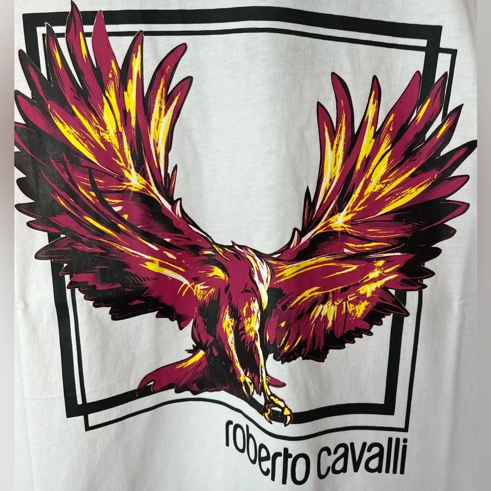 Roberto Cavalli White Tee with reddish and Yellow Eagle Graphic - Picture 6 of 10